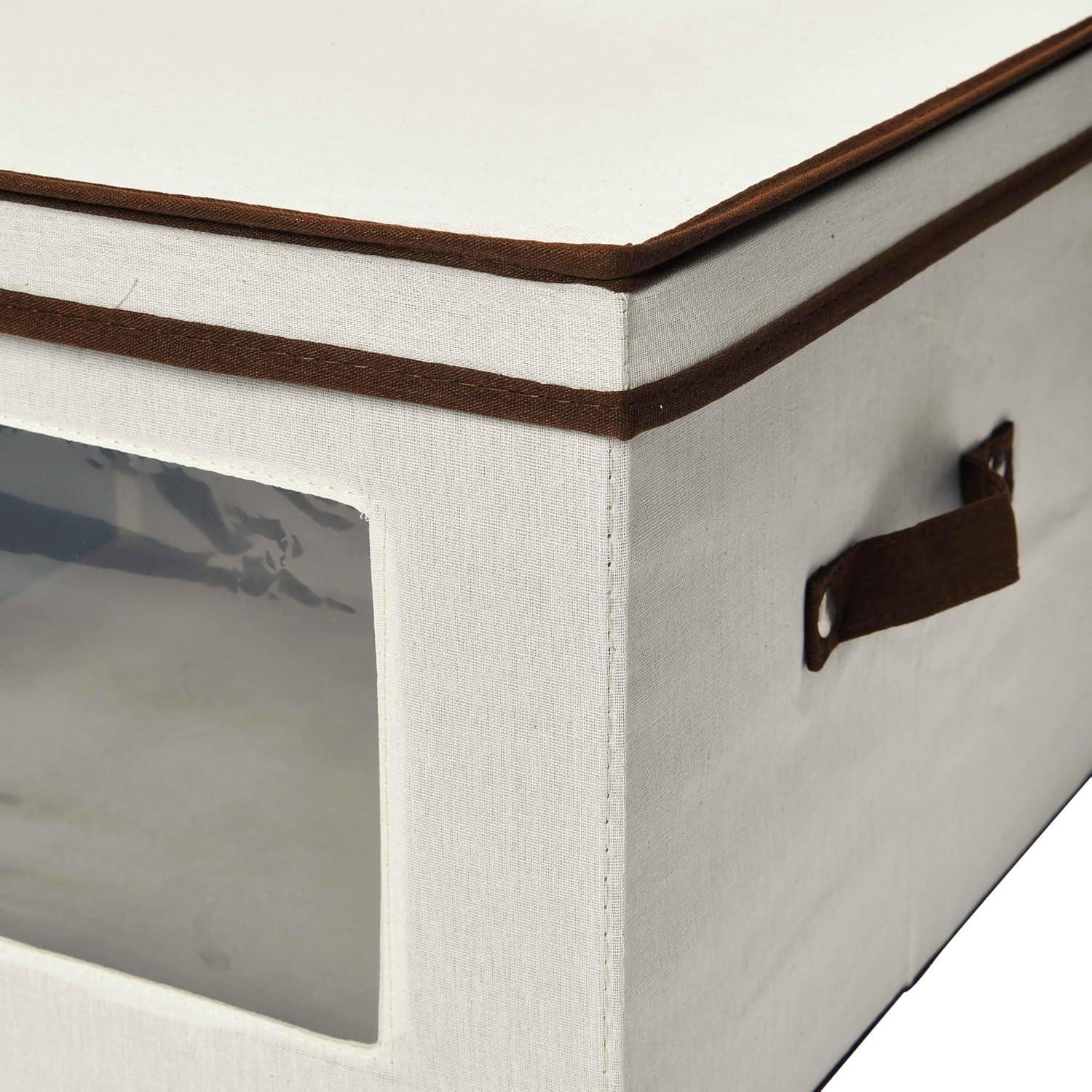 Large Serveware Storage Box, Polyester Canvas with Fiberboard Sides, 3 Protective Pouches, Fully Removable Lid, Natural with Brown Trim