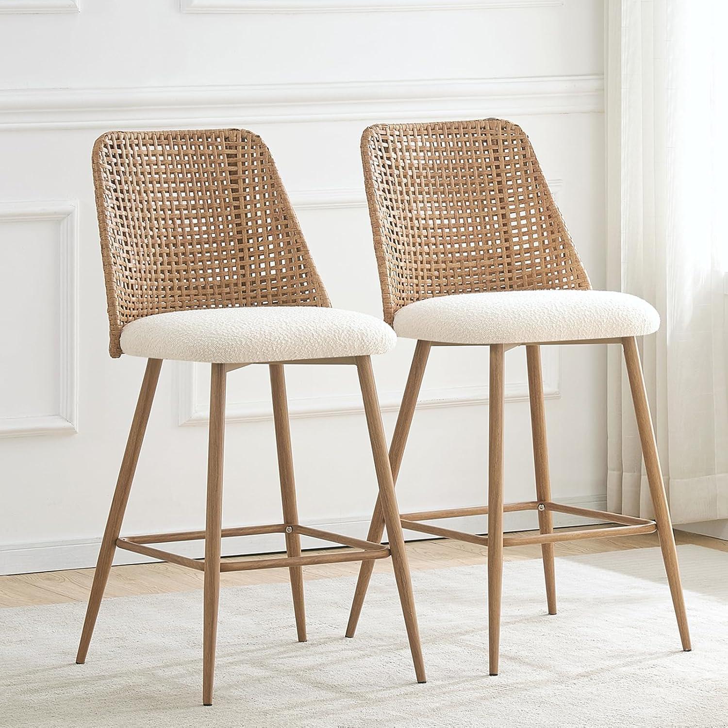 Oak and Rattan Upholstered Counter Stools, Set of 2