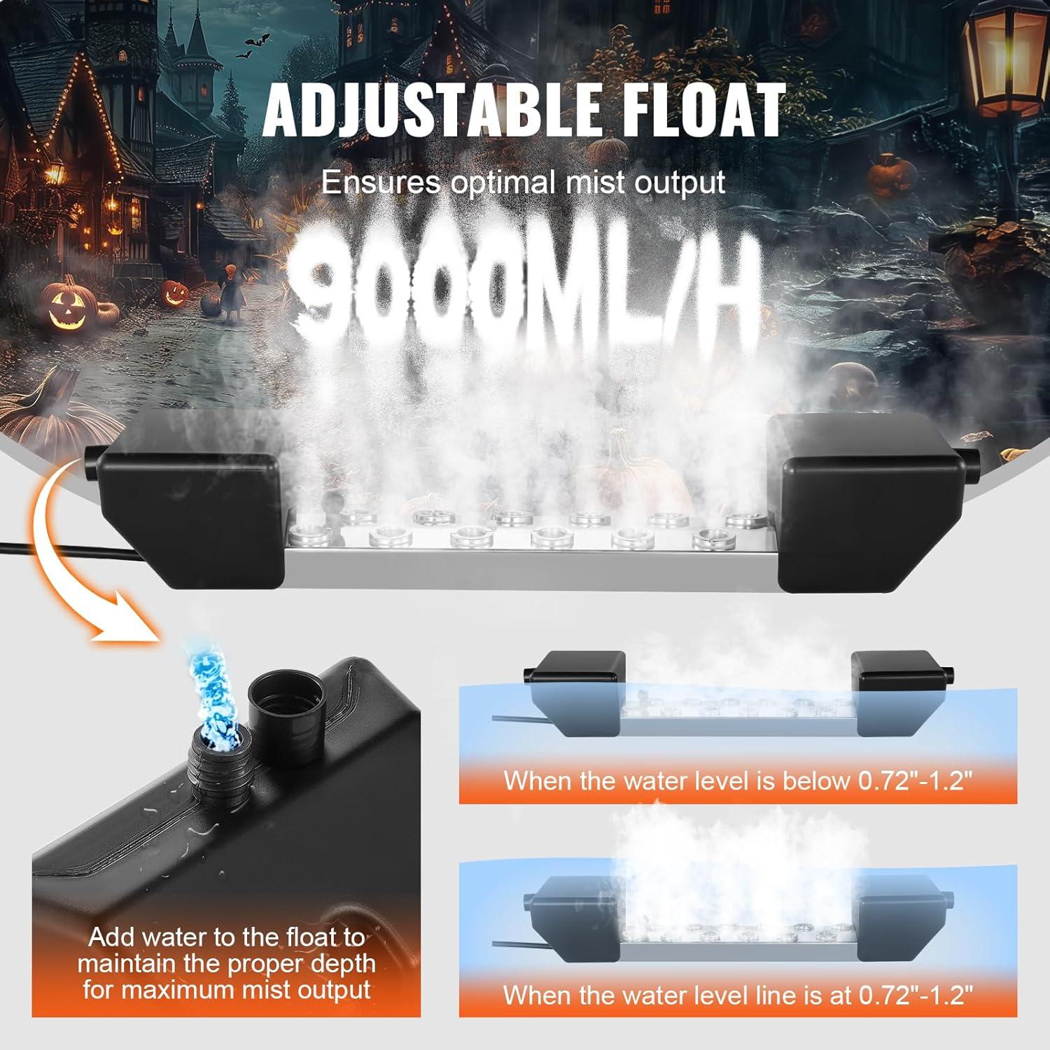 KFFKFF 12-Head Ultrasonic Fog Generator, 9000mL/H Capacity, Accompanied by 300W IP67 Water-Resistant Power Unit, Float, Spare Discs, Ideal for Water Features, Gardens, Greenhouses, Halloween Decor