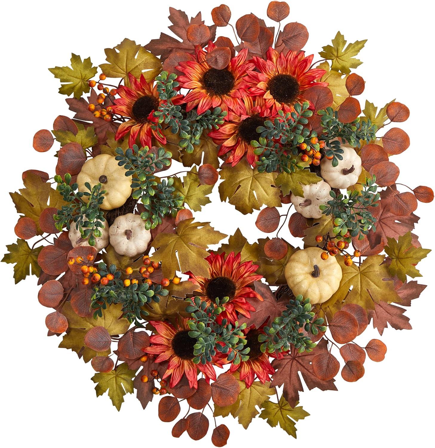 Nearly Natural 30” Fall Acorn, Sunflower, Berries and Autumn Foliage Artificial Wreath