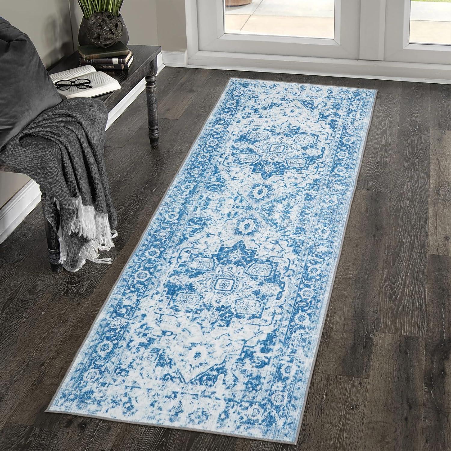 WhizMax 2x6 Vintage Hallway Runner Rug Machine Washable Rug Farmhouse Bedside Persian Distressed Rug Soft Foldable Thin Rug for Laundry, Blue/Grey