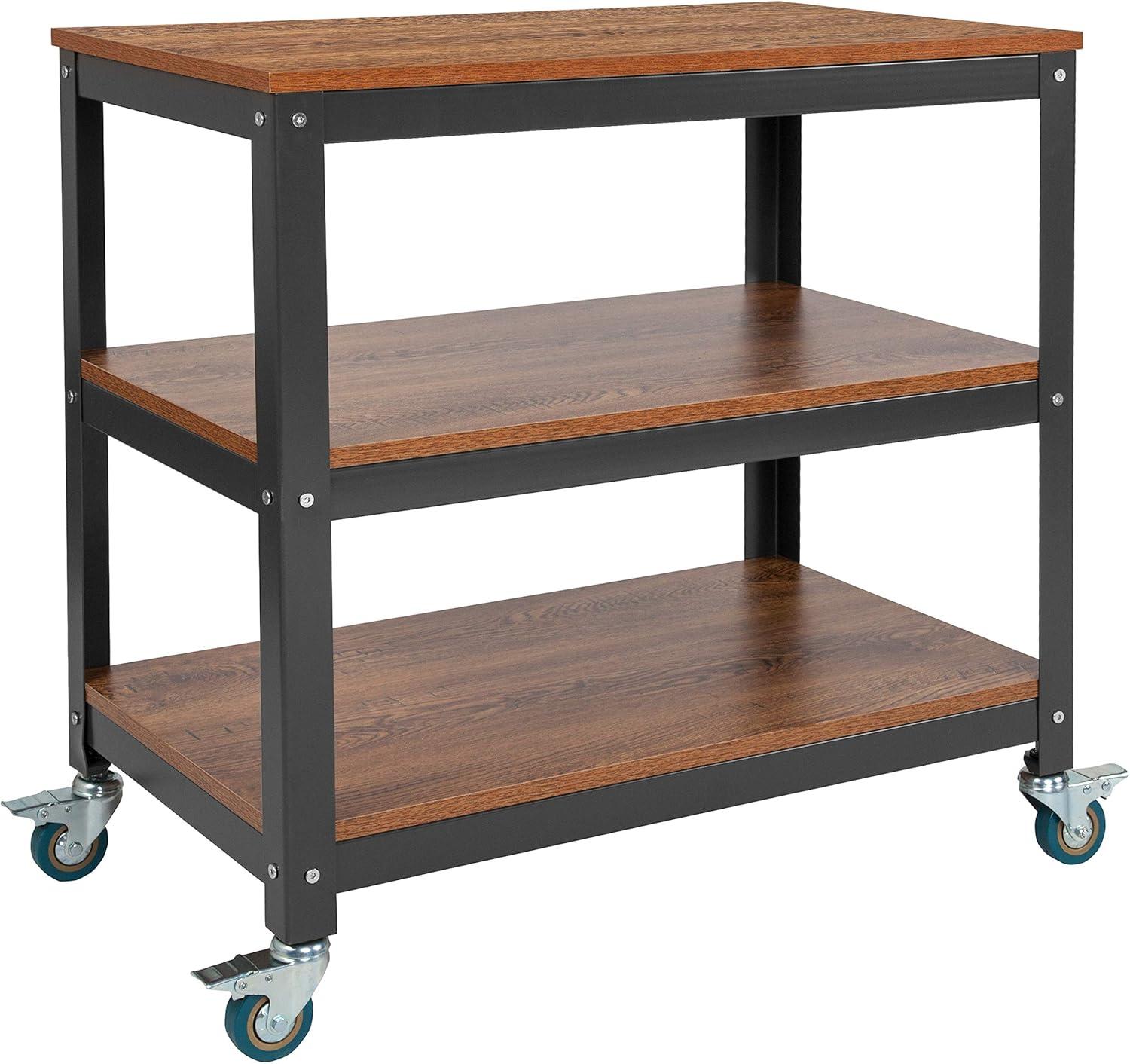 Flash Furniture Livingston Collection 30"W Rolling Storage Cart with Metal Wheels in Brown Oak Wood Grain Finish