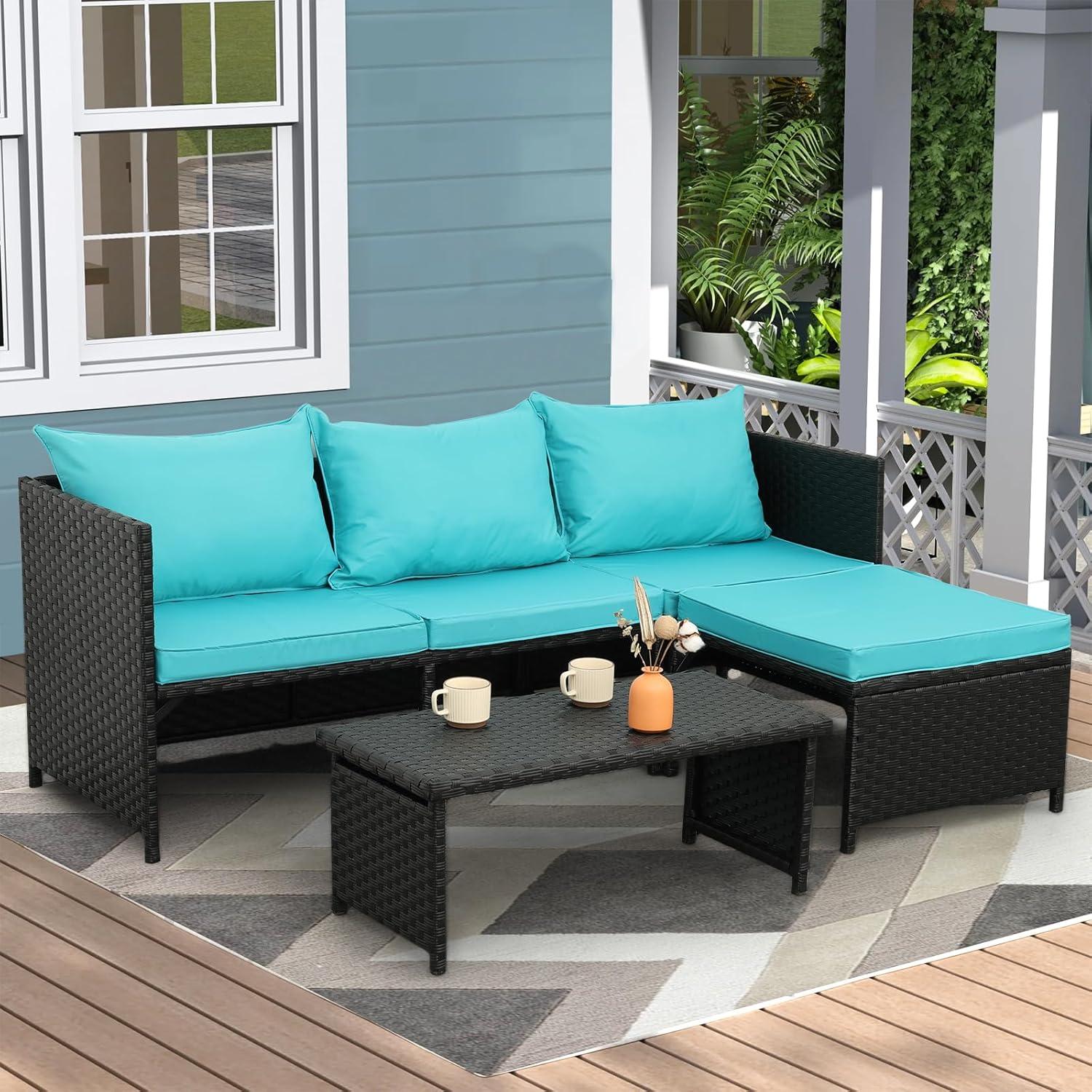 Valita 3-Piece Outdoor PE Rattan Furniture Set Patio Black Wicker Conversation Loveseat Sofa Sectional Couch Turquoise Cushion