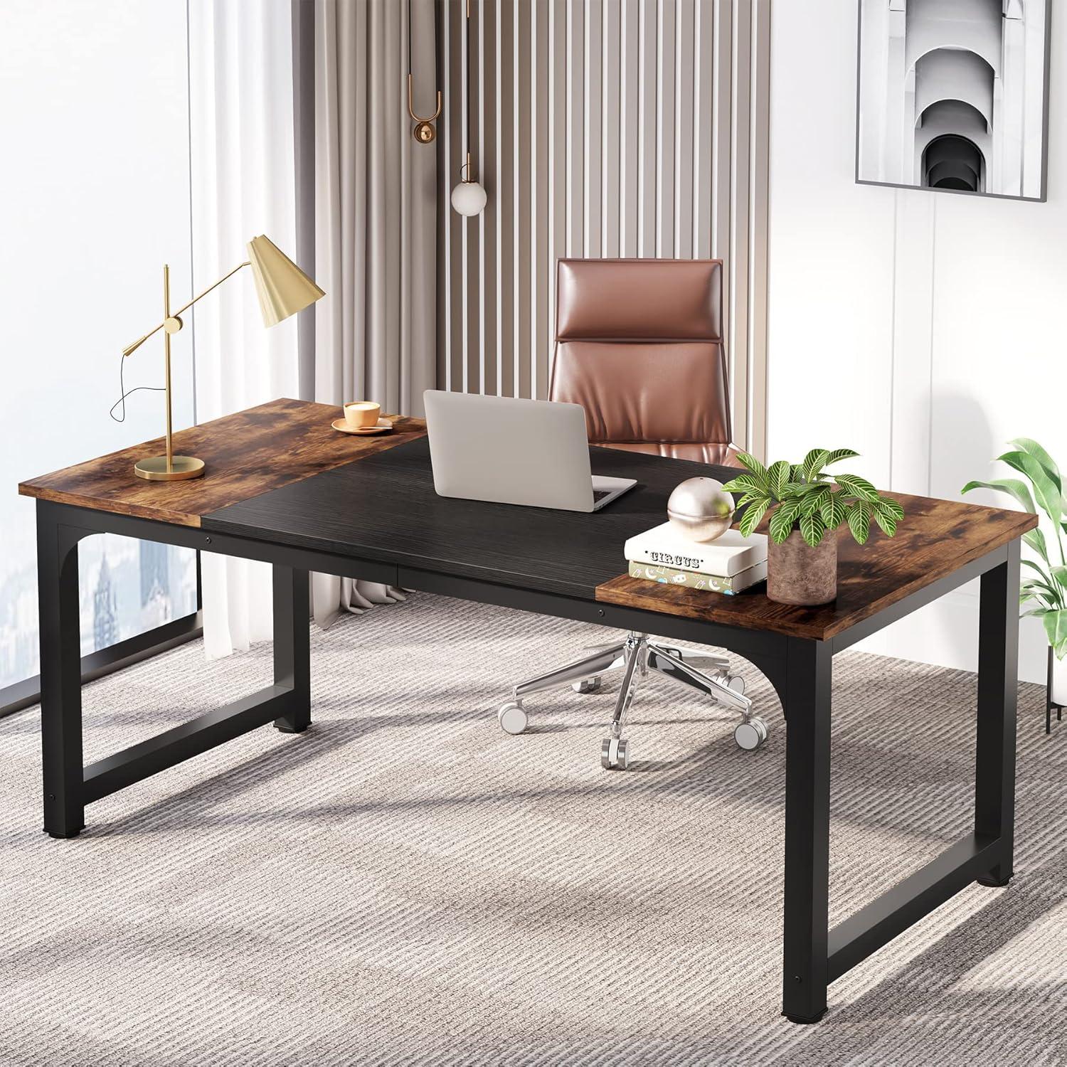 Industrial Rectangular Executive Desk with Brown and Black Finish