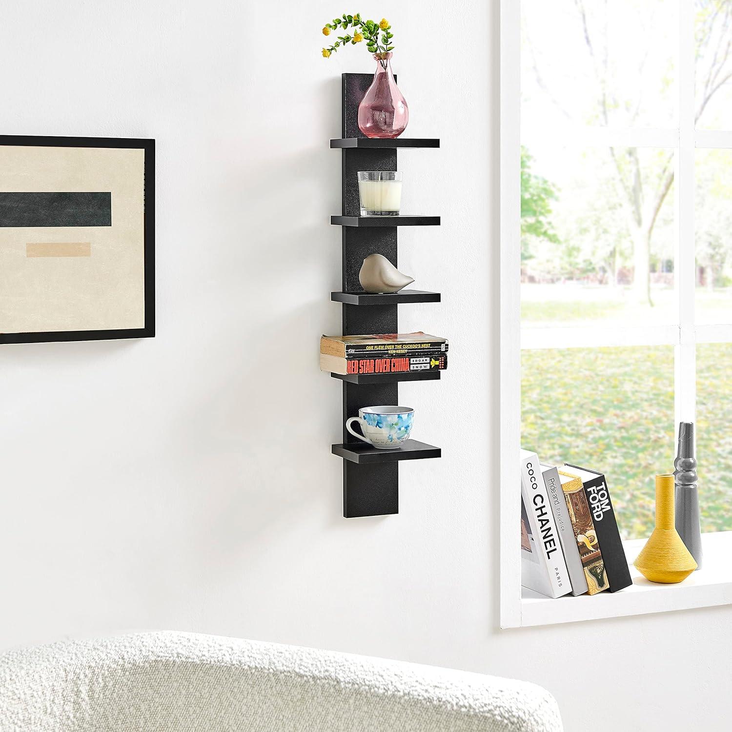 Danya B. 30" x 6" Slim Vertical Column Wall Shelf Black: Mid-Century Modern Laminated MDF, Iron Hardware, 5 Tiers