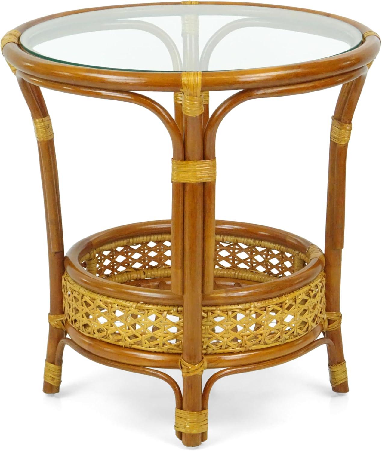 SK New Interiors Pelangi Coffee Round Table Natural Rattan Wicker with Glass Top Handmade, Colonial