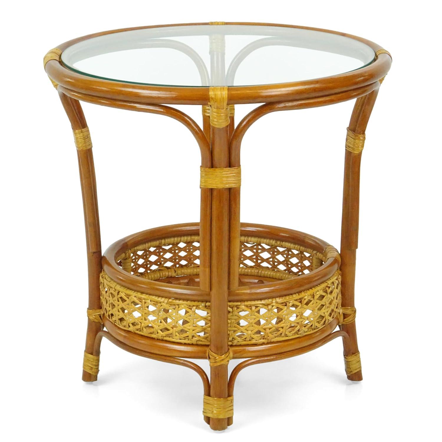 SK New Interiors Pelangi Coffee Round Table Natural Rattan Wicker with Glass Top Handmade, Colonial