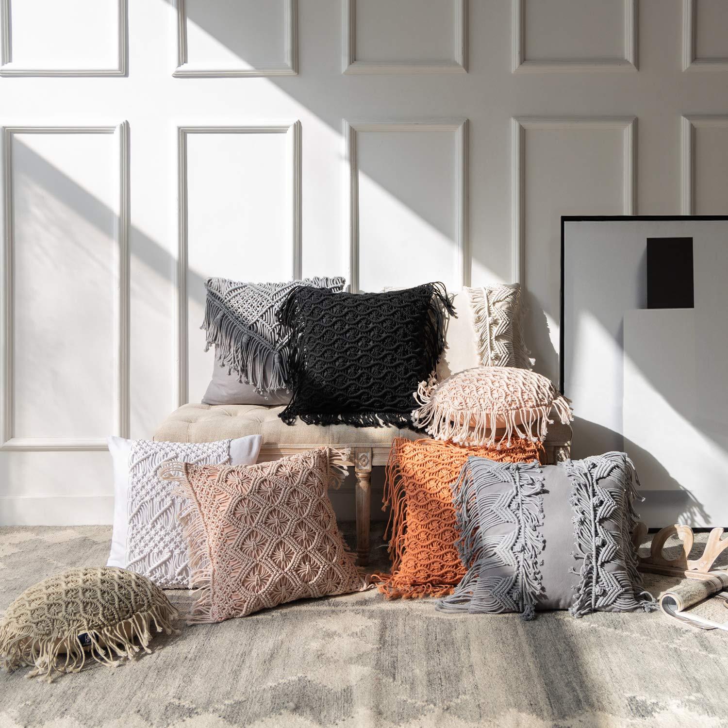 Phantoscope Macrame Cotton Handmade Crochet Woven Boho Throw Pillow with Tassel Cute Farmhouse Pillow Insert Included Lumbar Small Decorative Cushion for Couch Sofa, Ginger,16 inches Round