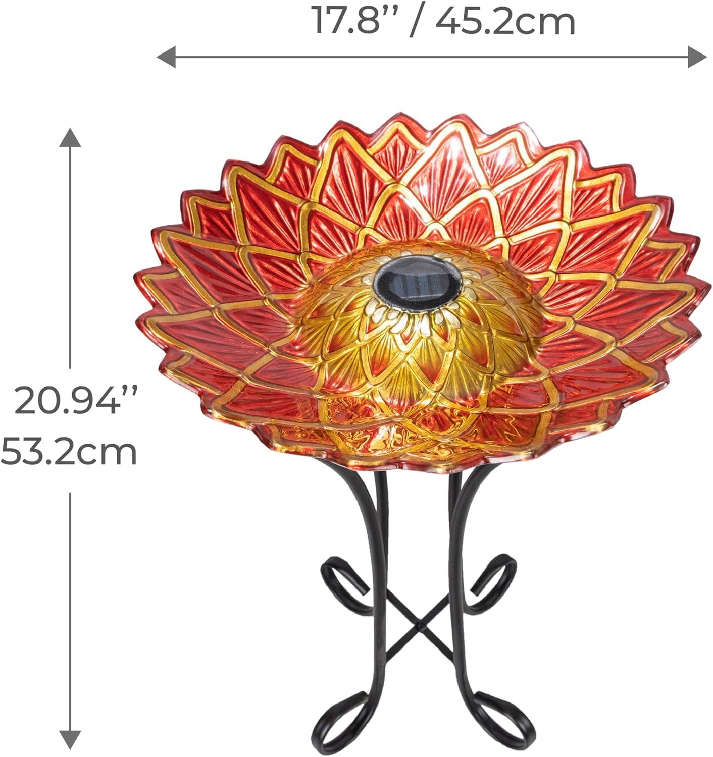 Red and Gold Glass Birdbath with Solar Light and Metal Stand