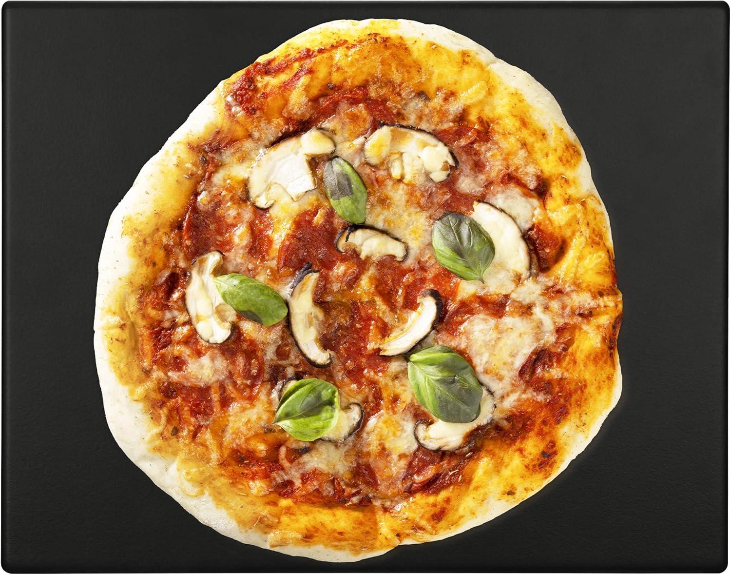 Navaris XL Pizza Stone for Baking - Glazed Square Cordierite Stone Plate for BBQ Grill Oven, Bake Serve Bread - Incl. Recipe Book - 15" x 11.8" x 0.6"