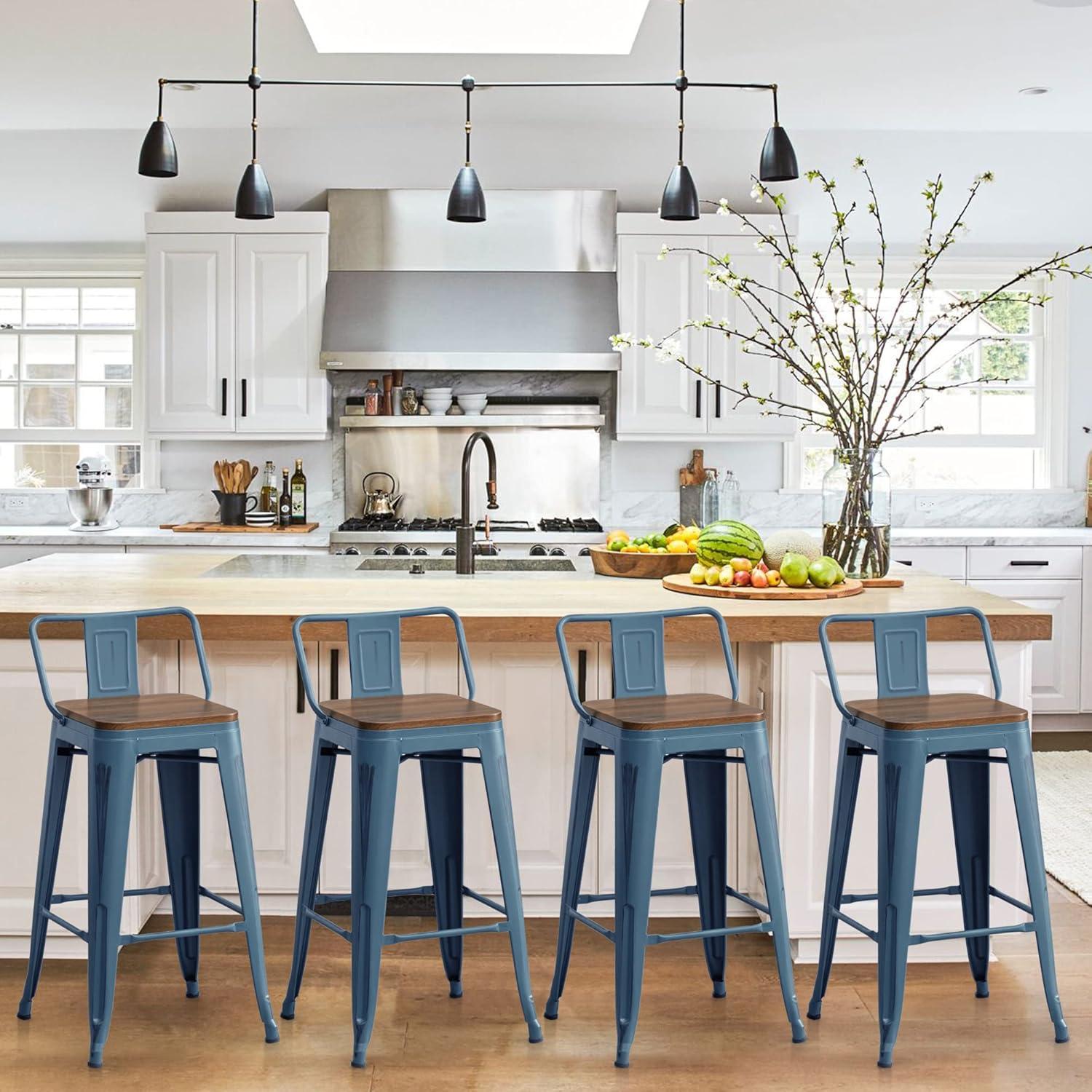 Distressed Navy Industrial Metal Bar Stools with Wood Seats