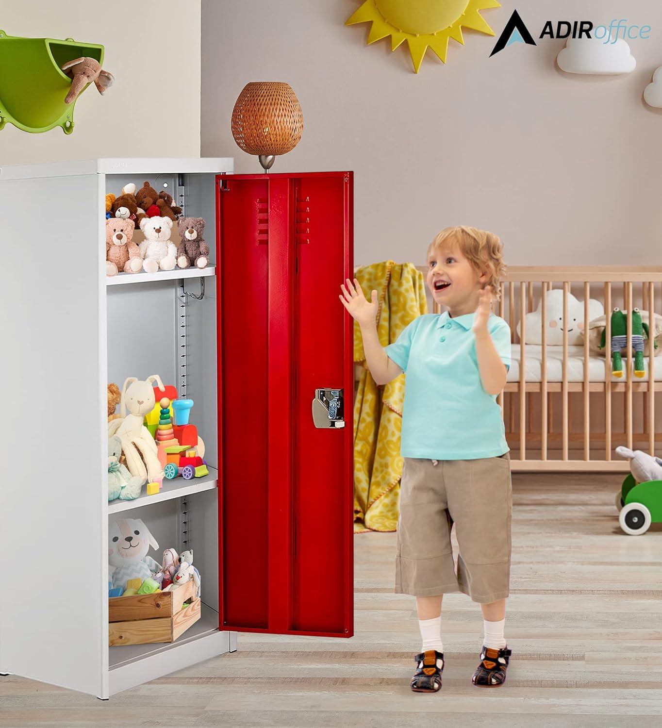 Red and Off-White Steel Freestanding Locker with Adjustable Shelving