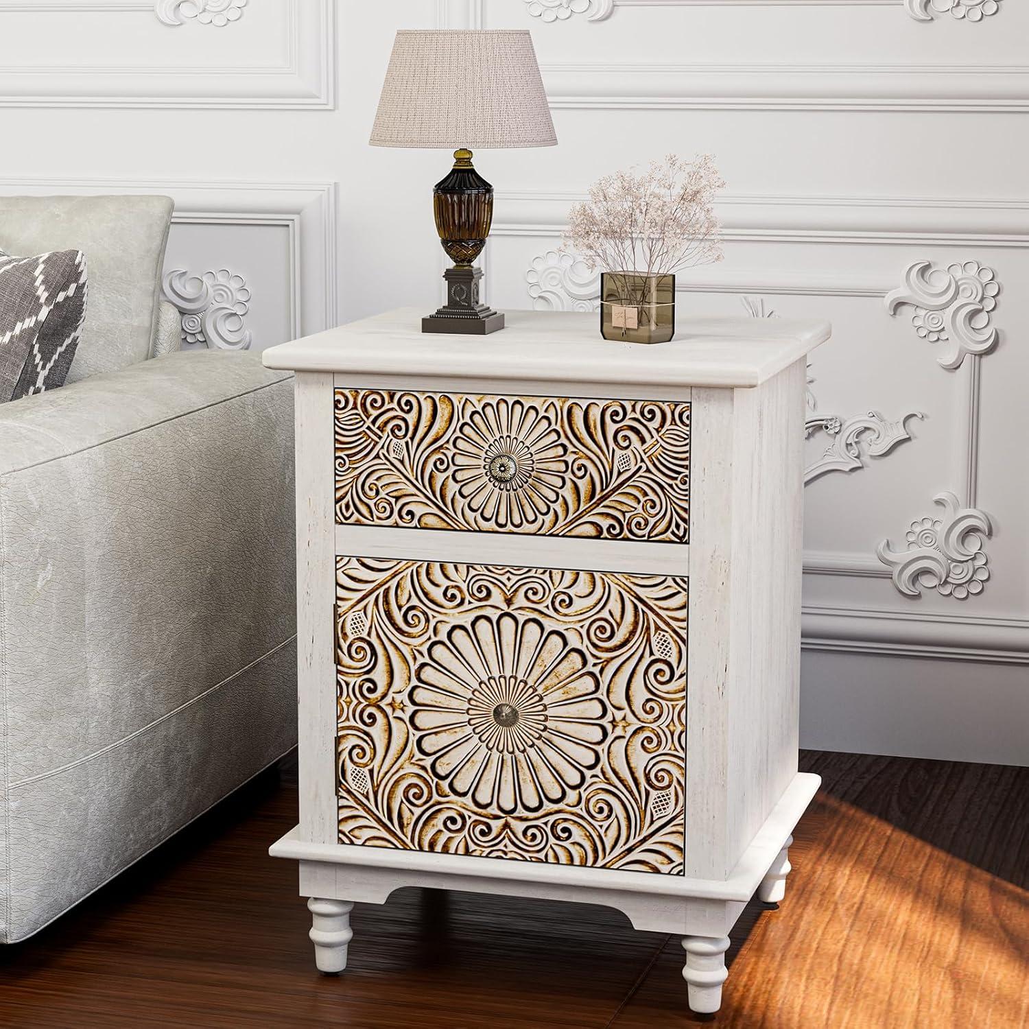 Light Gray Floral Carved MDF Nightstand with Drawer