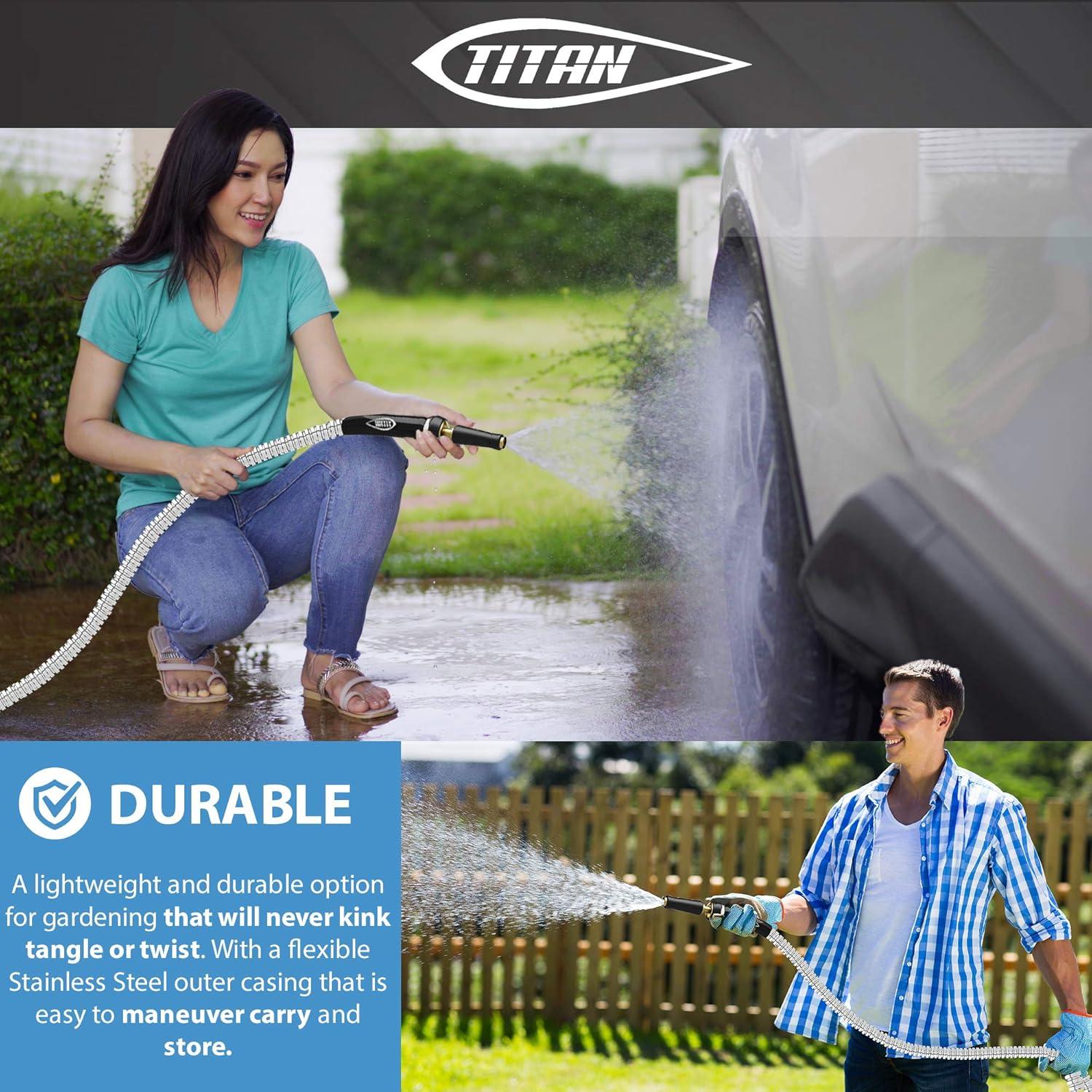 TITAN Garden Hose 100FT - 304 Stainless Steel Metal Water Hose, Flexible, Kink-Free, Lightweight, Durable, Crush Resistant Fittings, Easy to Coil, 500 PSI