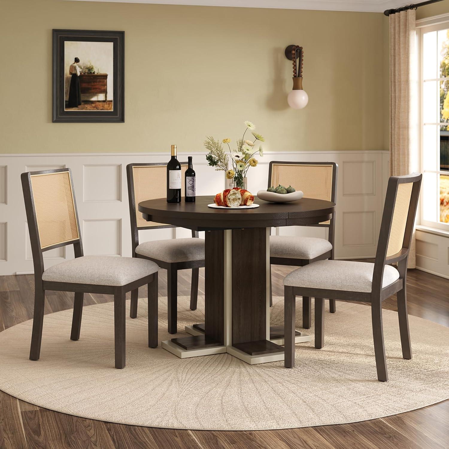 Bellemave Extendable Dining Table Set for 4, 5-Piece Round Table Set with 4 Chairs, Circle Table with Upholstered Chairs, Oval Kitchen Table Set with Extendable Table (Natural Wood Wash)