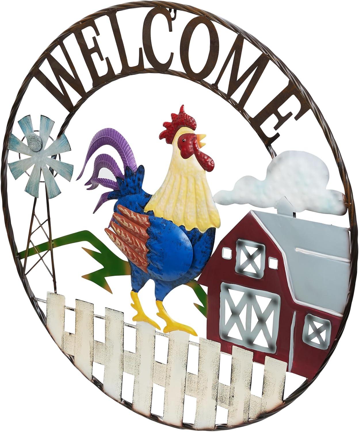 Alpine 30"H Large Round Rooster and Farm Welcome Wall Sign