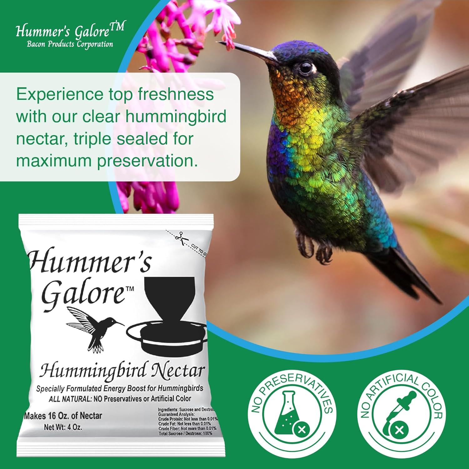 Hummer's Galore Hummingbird Food - Ready-to-Mix Hummingbird Nectar, All-Natural Nectar Collector Formula, No Preservatives or Dyes, Makes 64 Ounces (4 Packets Included)