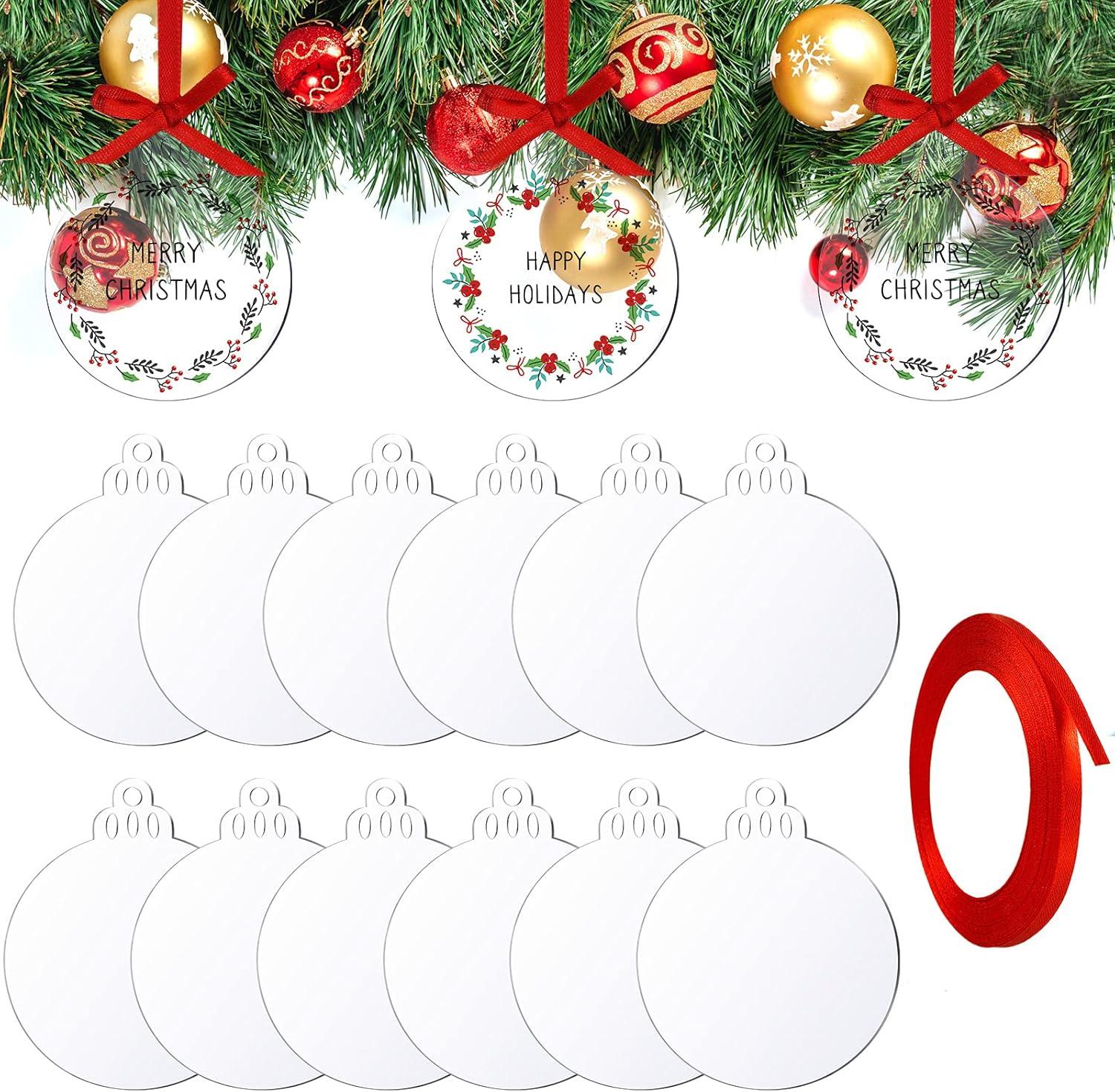 Clear Round Acrylic Christmas Ornaments Clear Blank Acrylic Disc Circle Red Ribbon with Hole DIY Crafts Acrylic Ornament for Xmas Tree Party Painting Hanging Decoration Supplies(3 Inch, 25 Pieces)