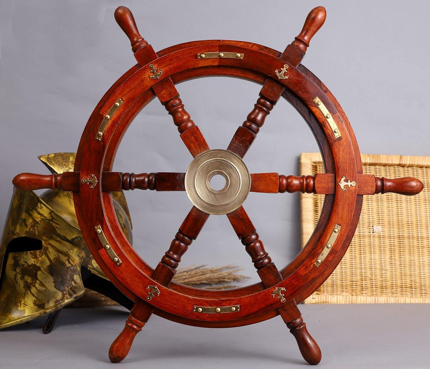 24" Dark Rosewood and Brass Nautical Ship Wheel Decor