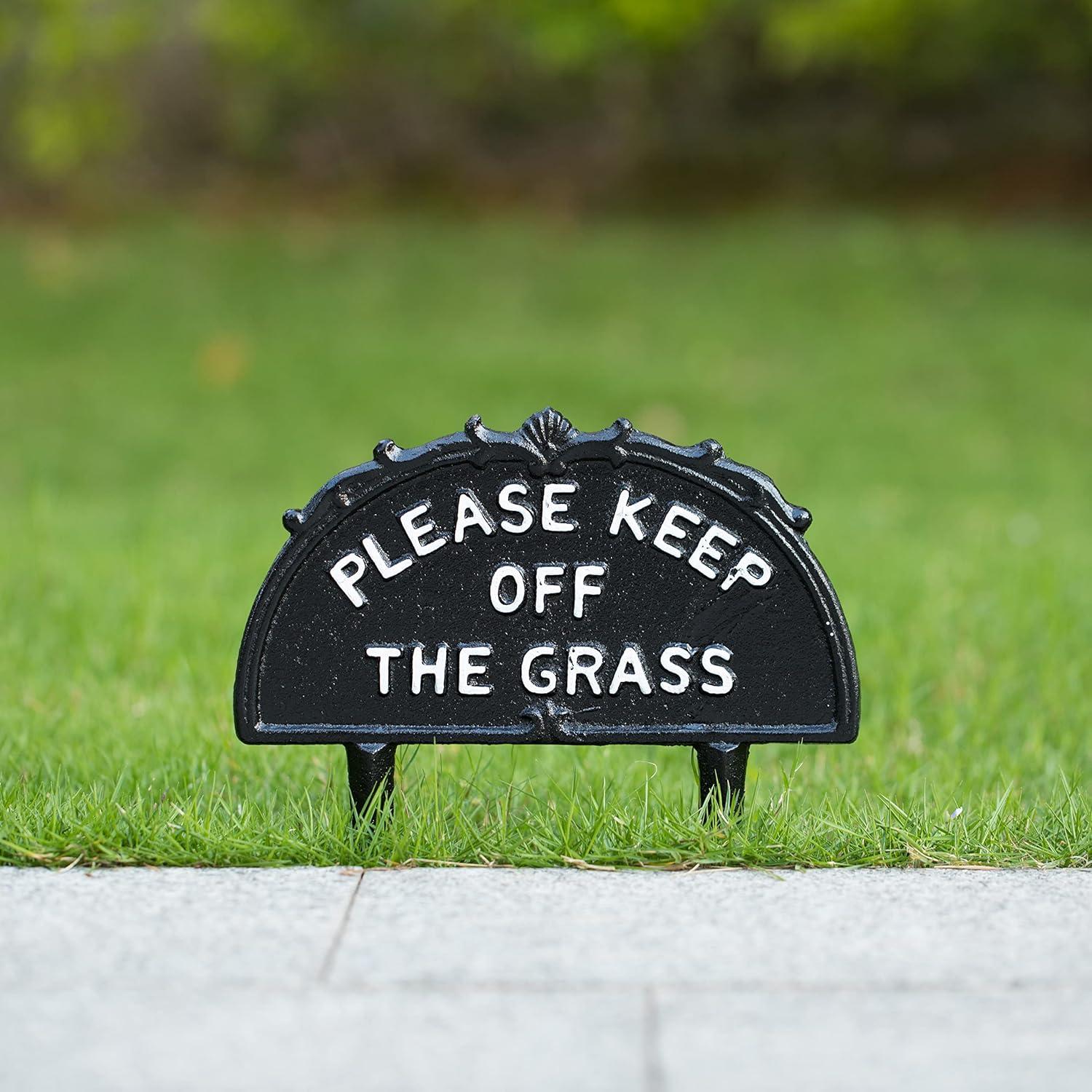 Gardenised Please Keep Off the Grass Post, Outdoor Warning Ground Cast Iron Stake