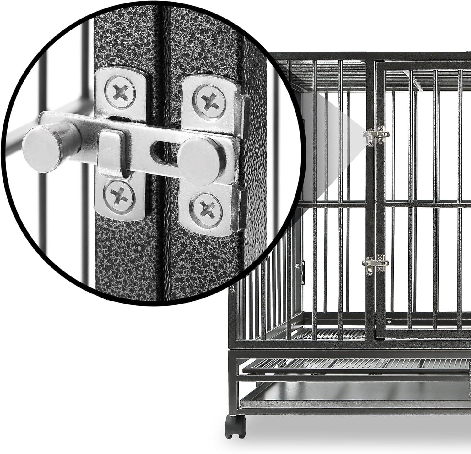 Large Gray Heavy-Duty Rolling Dog Crate with Tray