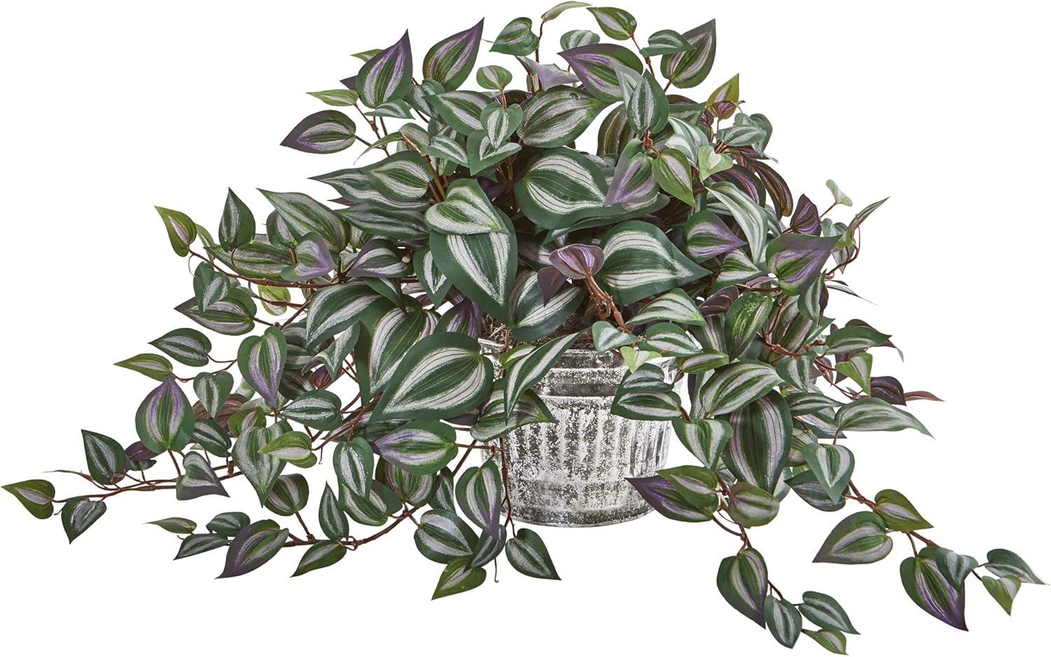 Nearly Natural 15-in Wandering Jew Artificial Plant in Vintage Metal Hanging Planter