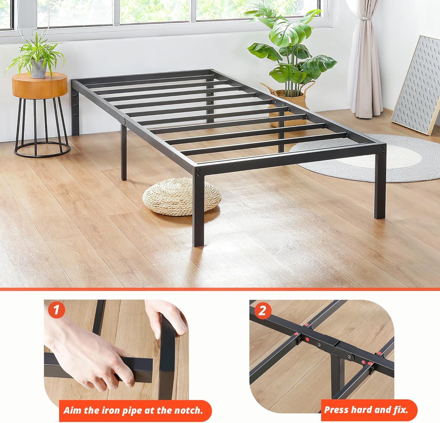 PrimaSleep Platform 14 inch Dura Metal Steel Slate Bed Frame/Noise Free, Twin, Black