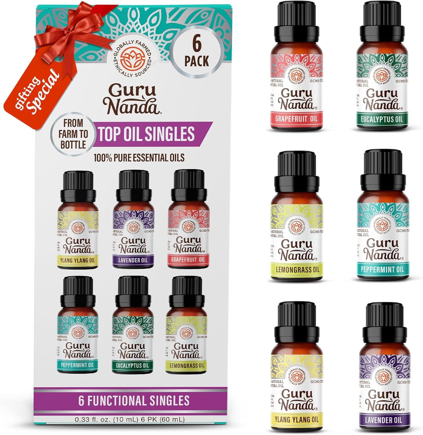 GuruNanda 100% Pure Essential Oils - Aromatherapy Singles - Variety of Scents - Set of 6