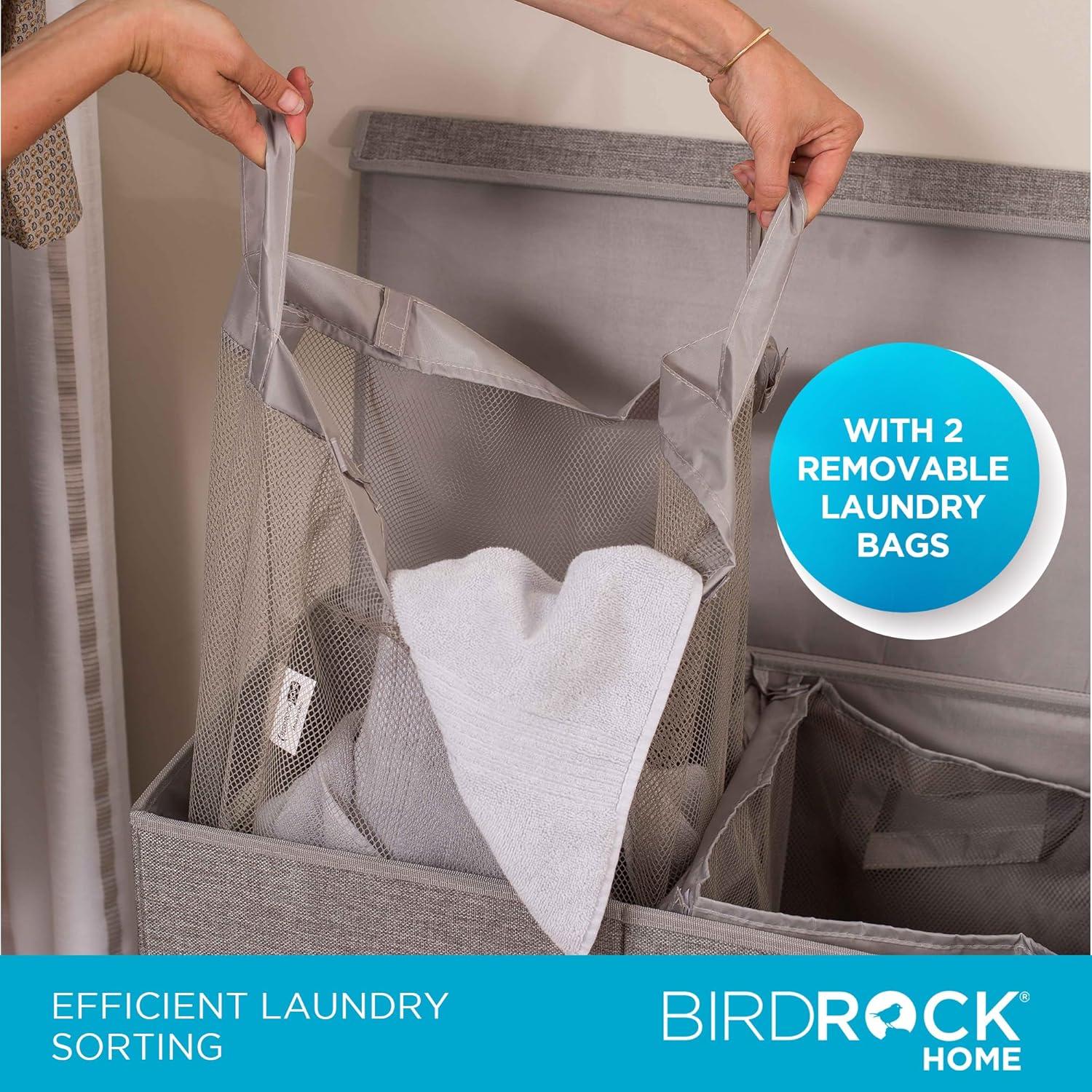 BirdRock Home Double Linen Laundry Hamper with Lid and Removable Liners - Grey