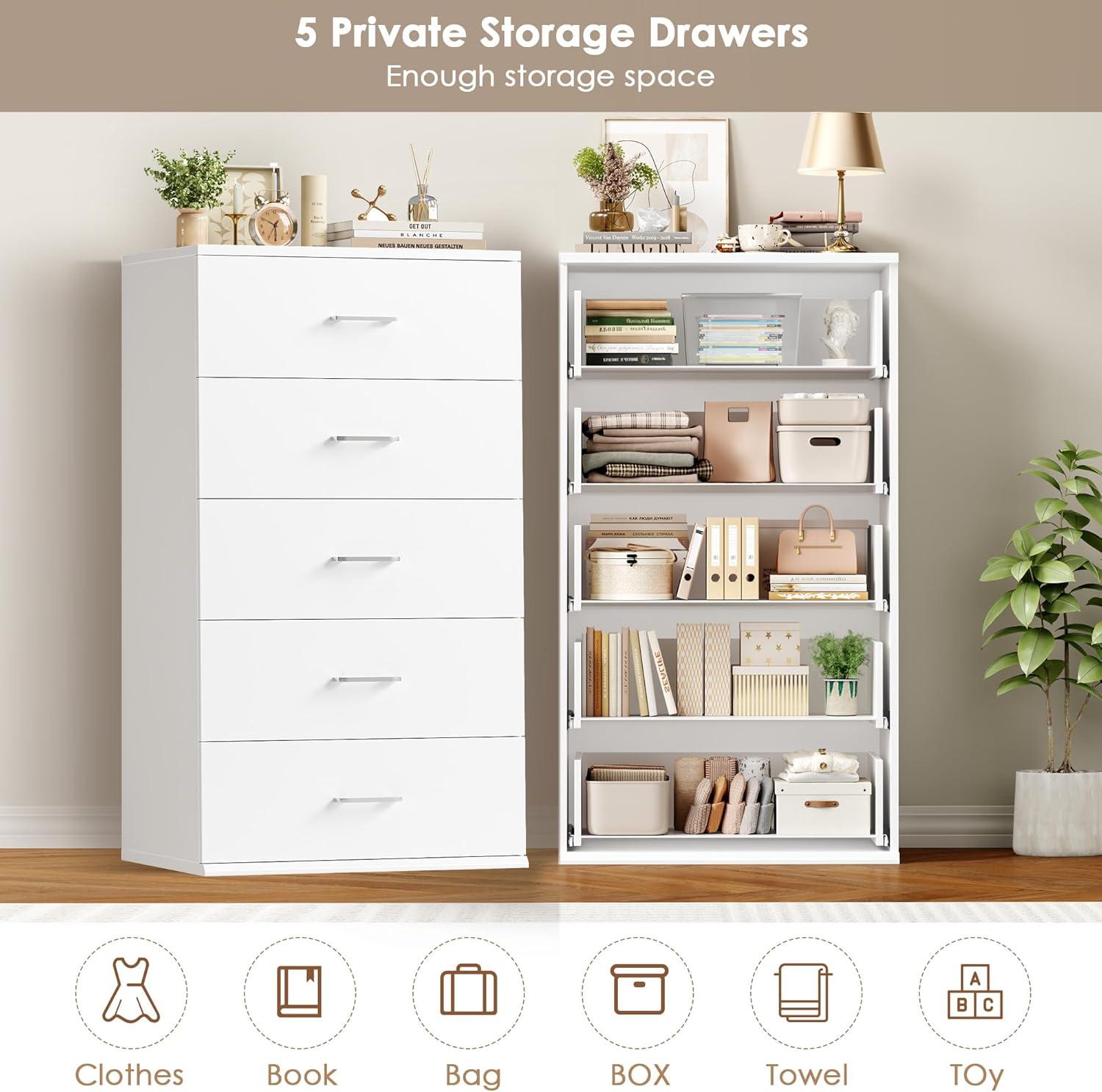 TTVIEW White Dresser, Chest of Drawers with Mental Handles, Tall White Dresser with 5 Drawers, Tall Dressers for Living Room, Kitchen, Entryway