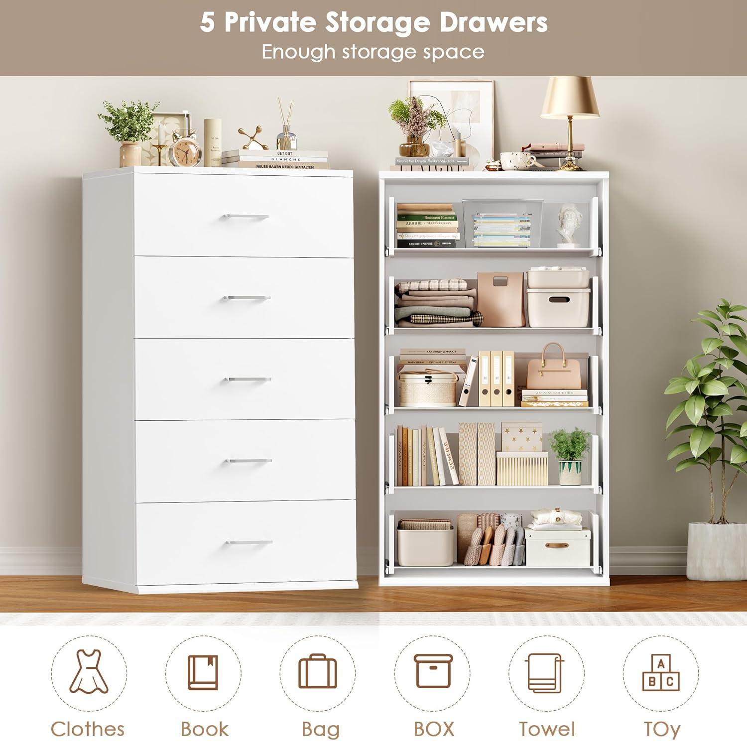 TTVIEW White Dresser, Chest of Drawers with Mental Handles, Tall White Dresser with 5 Drawers, Tall Dressers for Living Room, Kitchen, Entryway