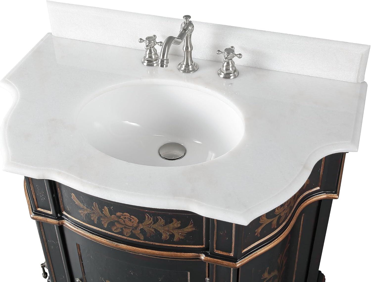 35" Black and Gold Hand-Painted Floral Bathroom Vanity with Marble Top