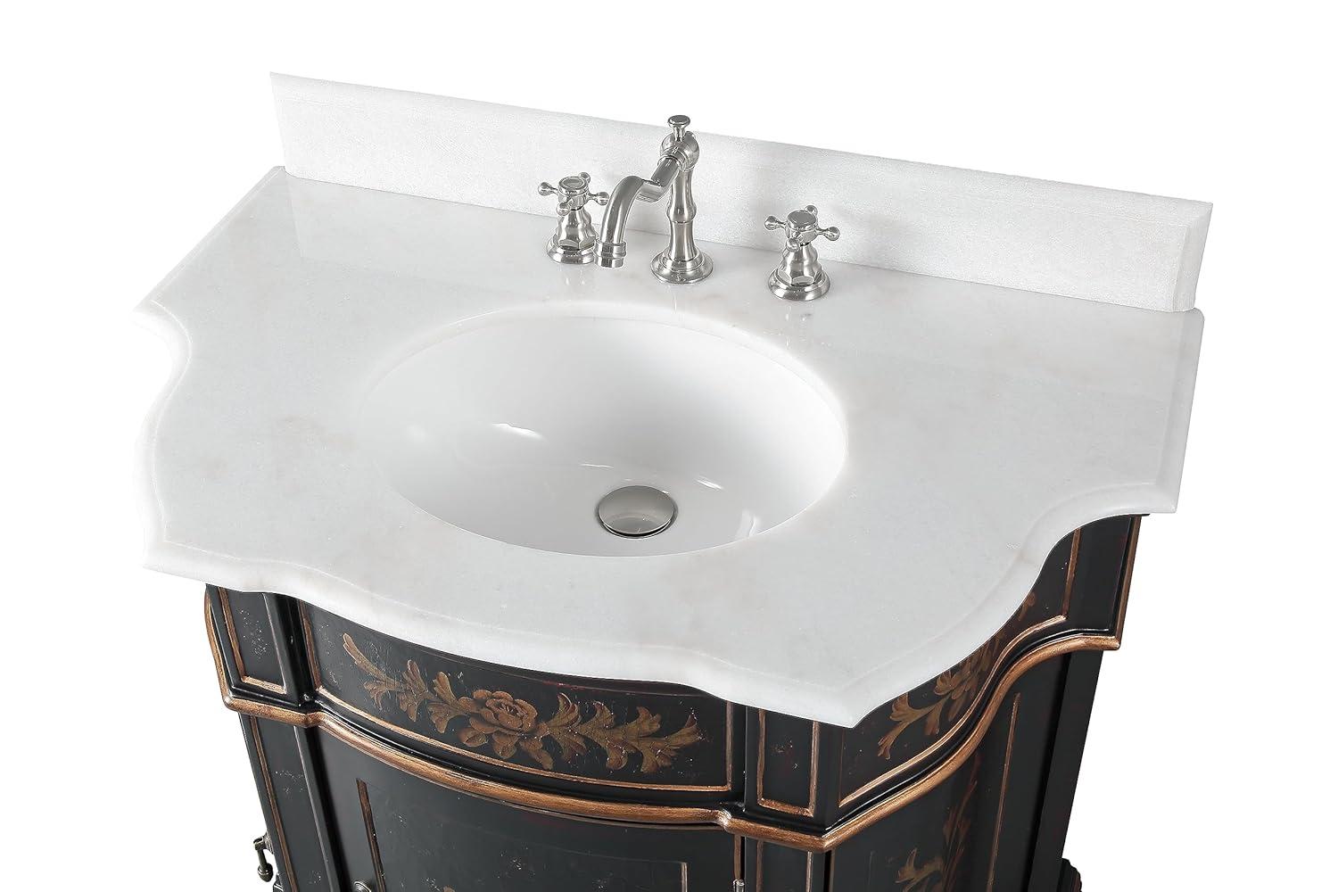 35" Black and Gold Hand-Painted Floral Bathroom Vanity with Marble Top