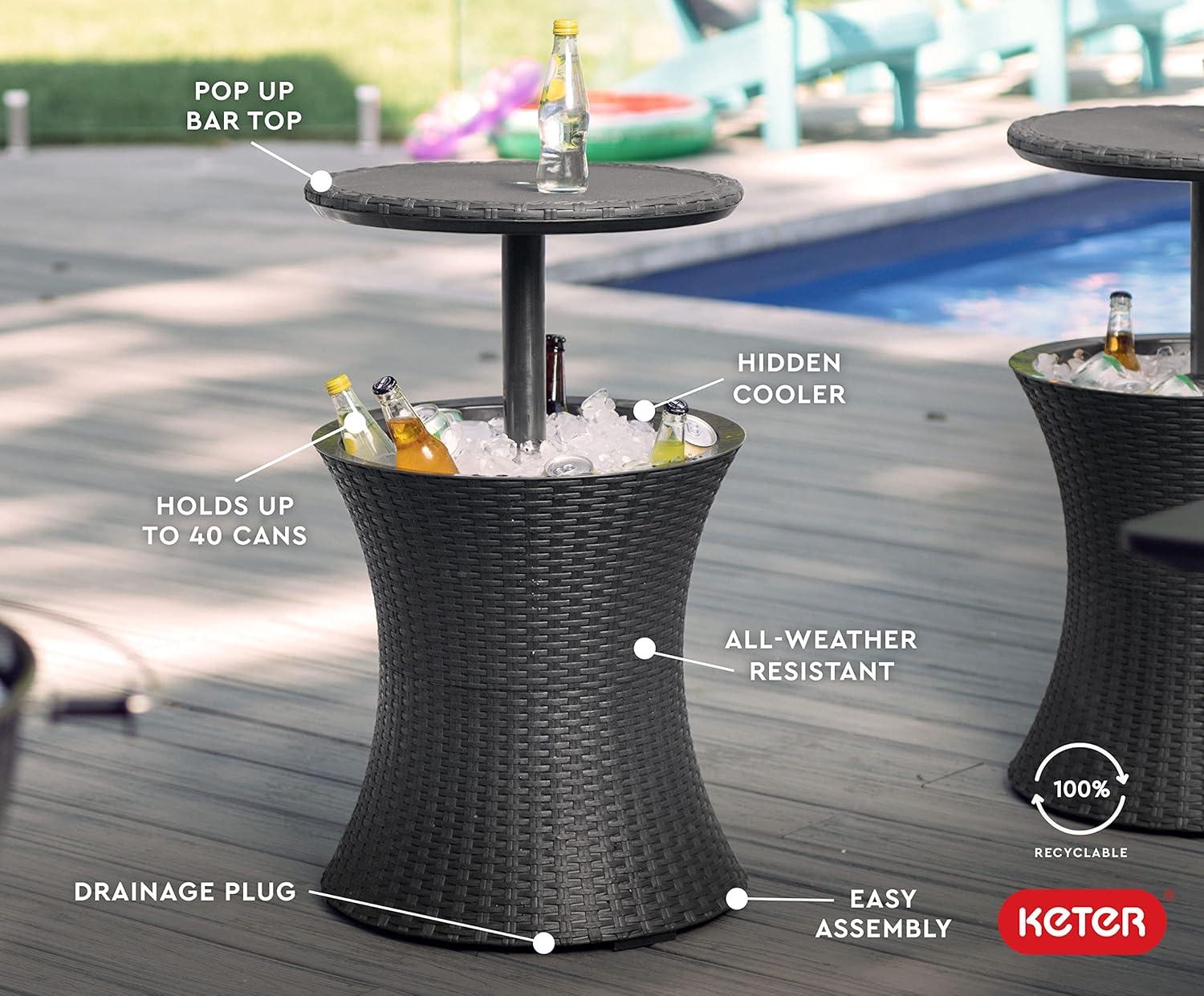 Keter Pacific 7.5 Gallon Cool Bar 2 in 1 Weather Resistant Side Table and Bar Durable Resin Outdoor Patio Beverage Cooler Table, Rattan Look Dark Grey