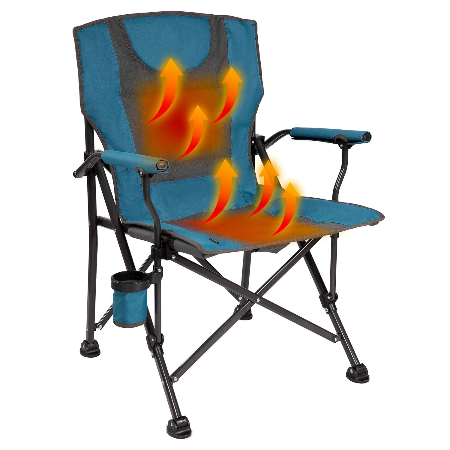 Luxury Heated Portable Camp Chair - Blue/Grey - Great for Camping, Sports and the Beach
