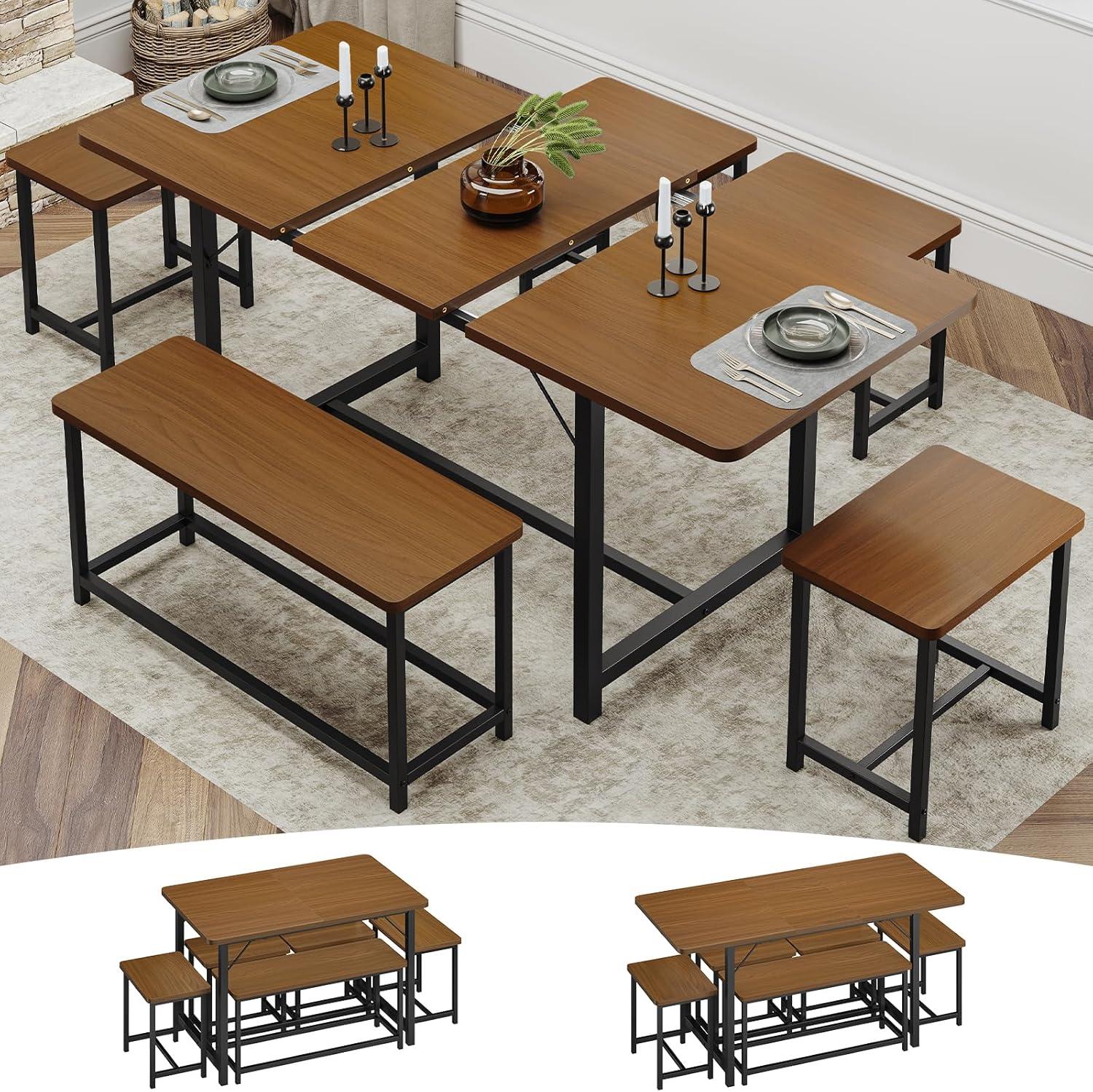 Walnut Extendable Dining Table Set with Bench and 4 Stools