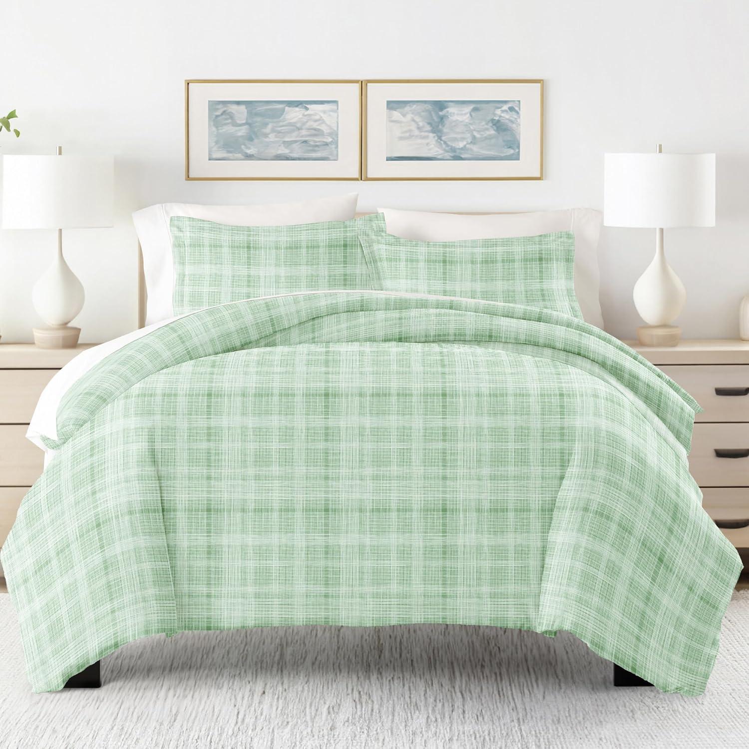 Green Plaid Microfiber Twin Duvet Cover Set with Sham