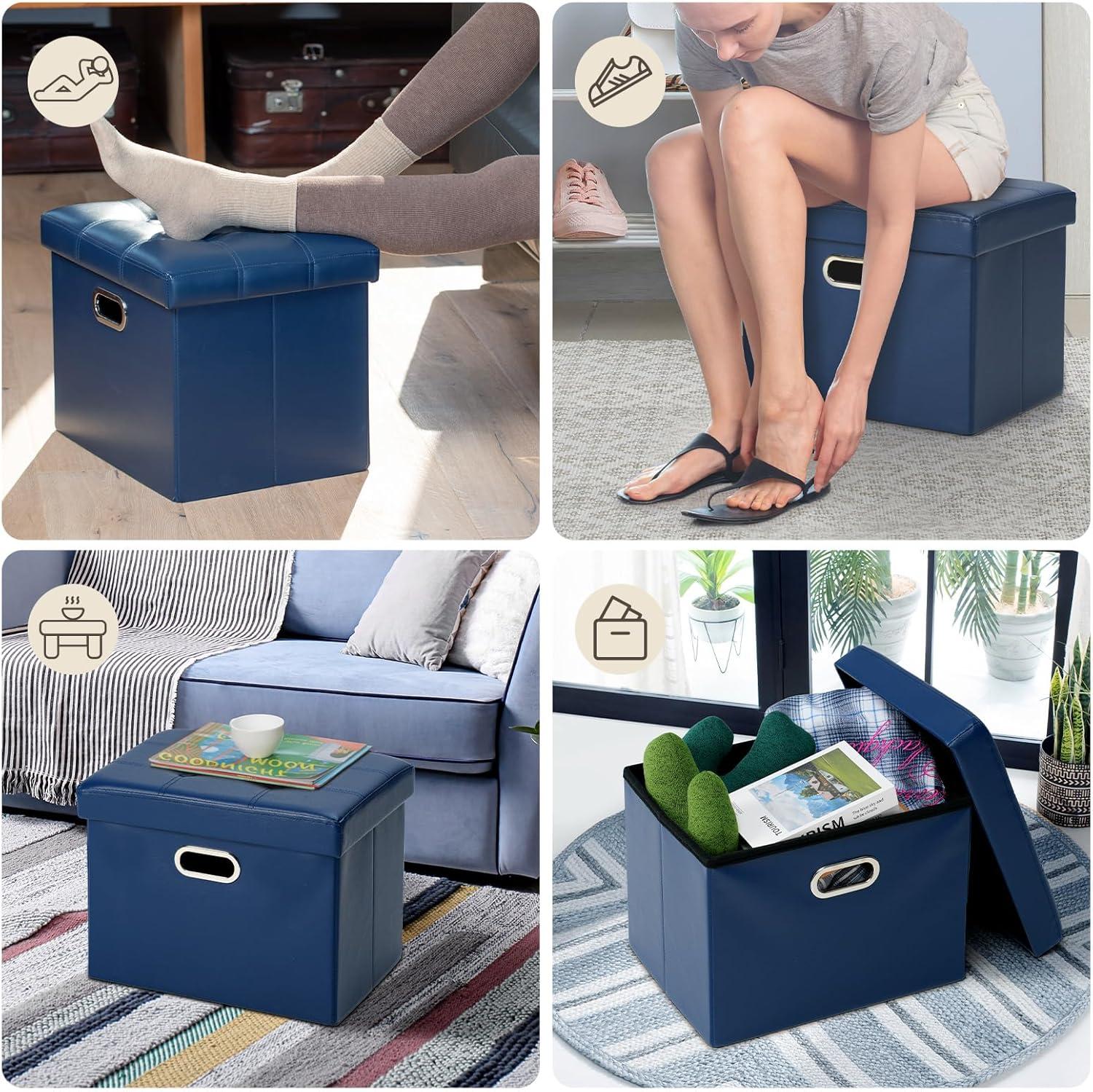 Royal Blue Leather Folding Storage Ottoman with Handles