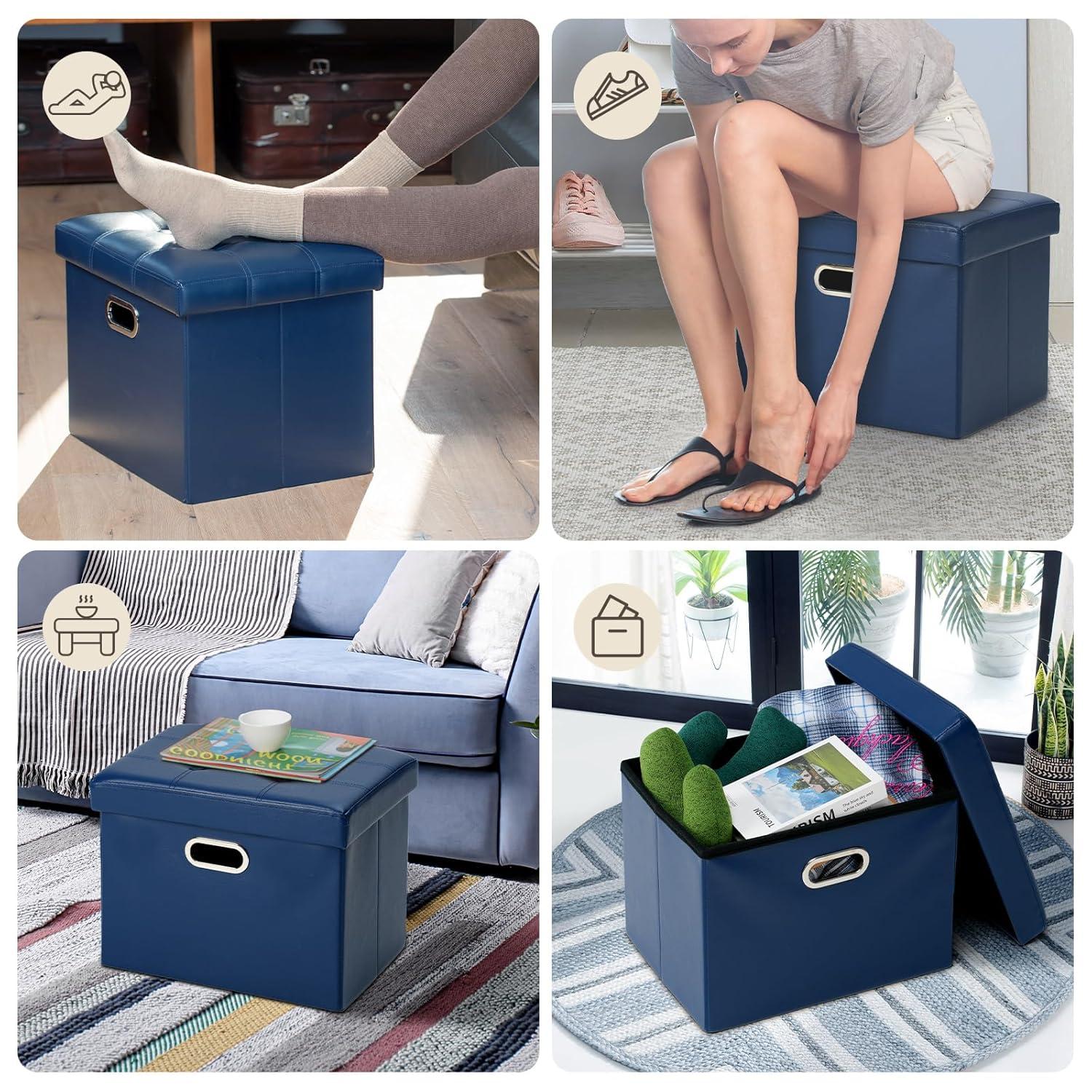 COSYLAND Storage Ottoman 17x13x13in Leather Ottoman Rectangle Footrest Footstool Folding Ottoman for Room Dorm Small Collapsible Bench Seat Organizer Entryway Furniture with Handles Lid Royal Blue