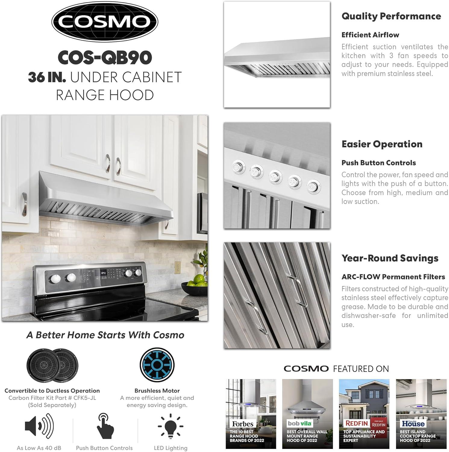 Cosmo 36 in. Ducted Under Cabinet Range Hood in Stainless Steel with Push Button Controls, Permanent Filters, LED Lights