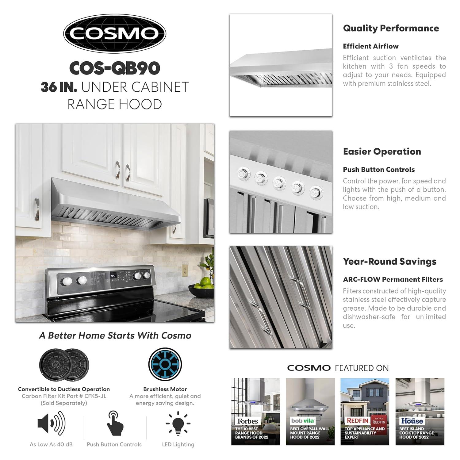 Cosmo 36 in. Ducted Under Cabinet Range Hood in Stainless Steel with Push Button Controls, Permanent Filters, LED Lights