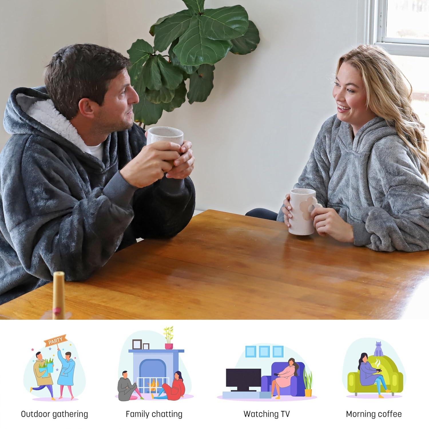 Catalonia Oversized Hoodie Blanket Sweatshirt, Warm Sherpa Giant Pullover with Front Pocket for Men Women