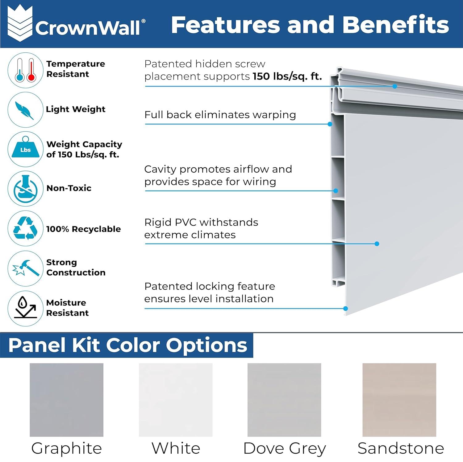CrownWall PVC Slat Wall Panels Garage Wall and Home Organizer Storage System  | 4ft by 4ft (Set of 8)