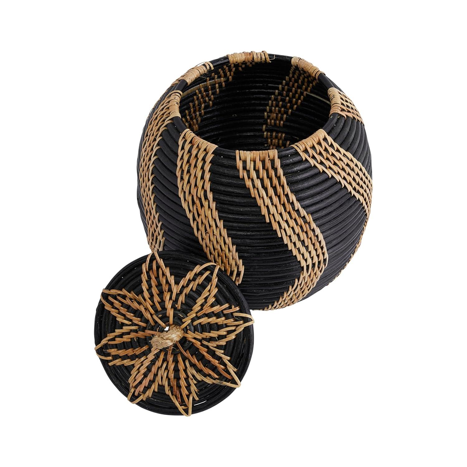 Bloomingville Decorative Handwoven Rattan Storage Basket Storage with Lid, Natural and Black