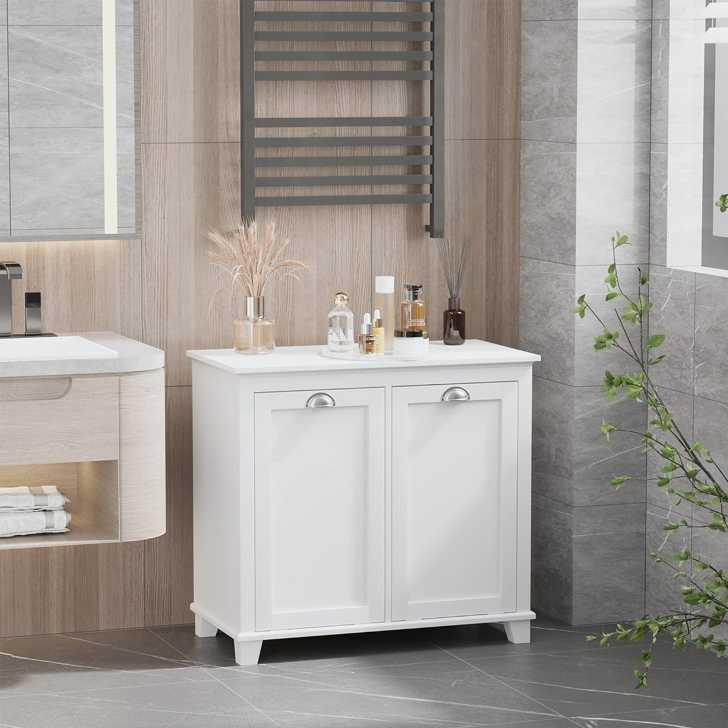 White Dual Tilt-Out Laundry Hamper Bathroom Cabinet