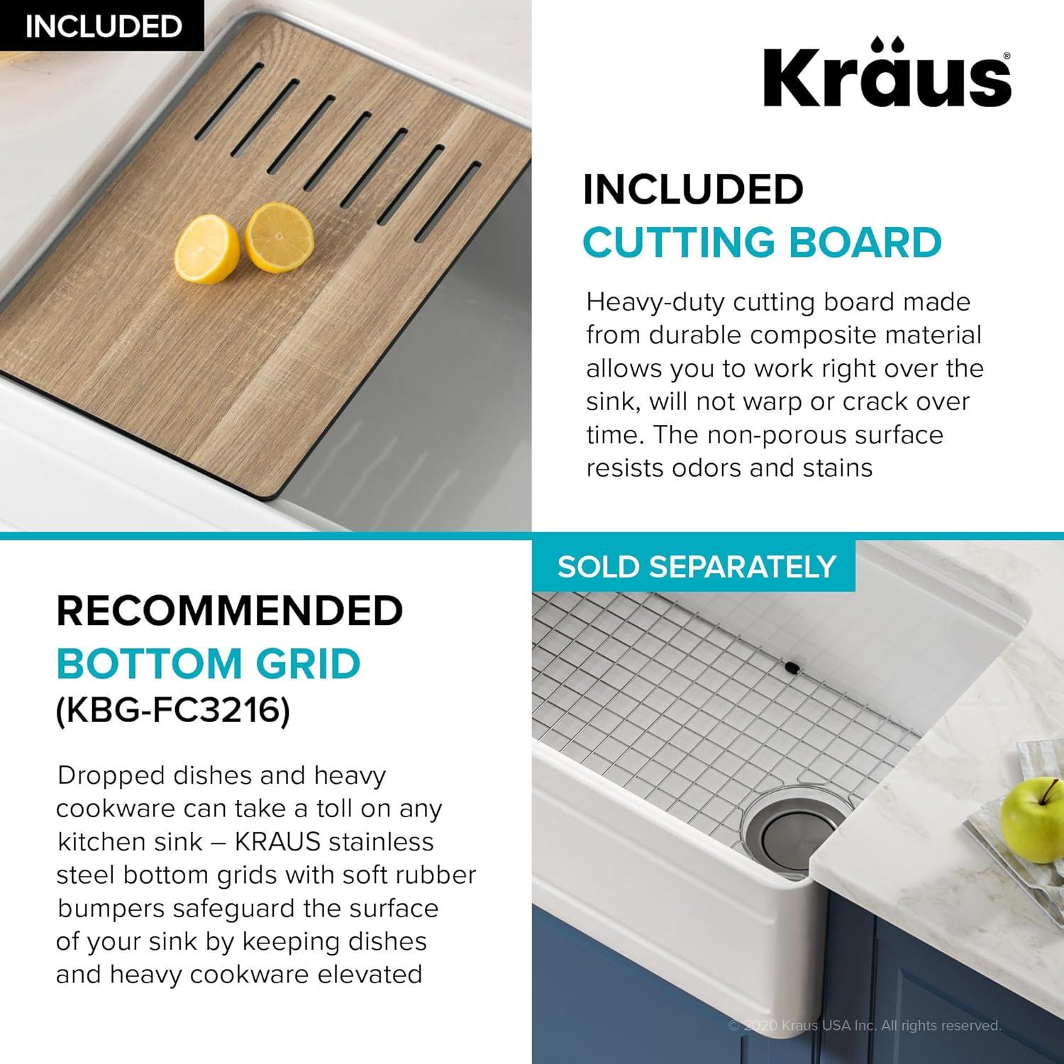 KRAUS Turino™ Workstation 33" L Farmhouse Reversible Apron Front Fireclay Single Bowl Kitchen Sink