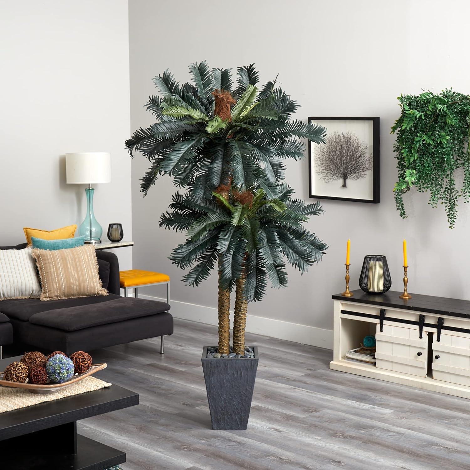 Nearly Natural 6-ft Double Sago Palm Artificial Tree Slate Finished Planter