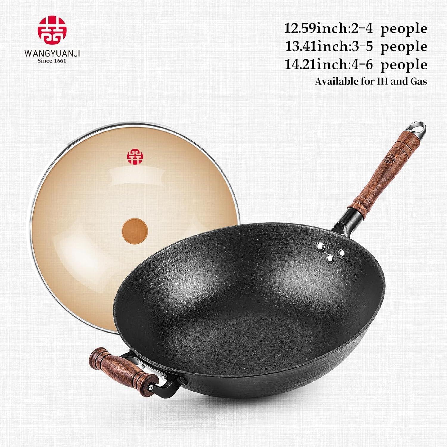 12.6" Handmade Cast Iron Wok - Wooden Lid & Handle, Flat Bottom Pan for All Stoves