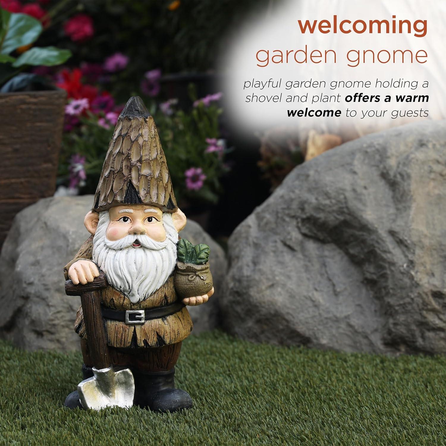 Alpine Corporation 7" x 6" x 16" Polystone Gnome with Shovel Garden Statue, Brown