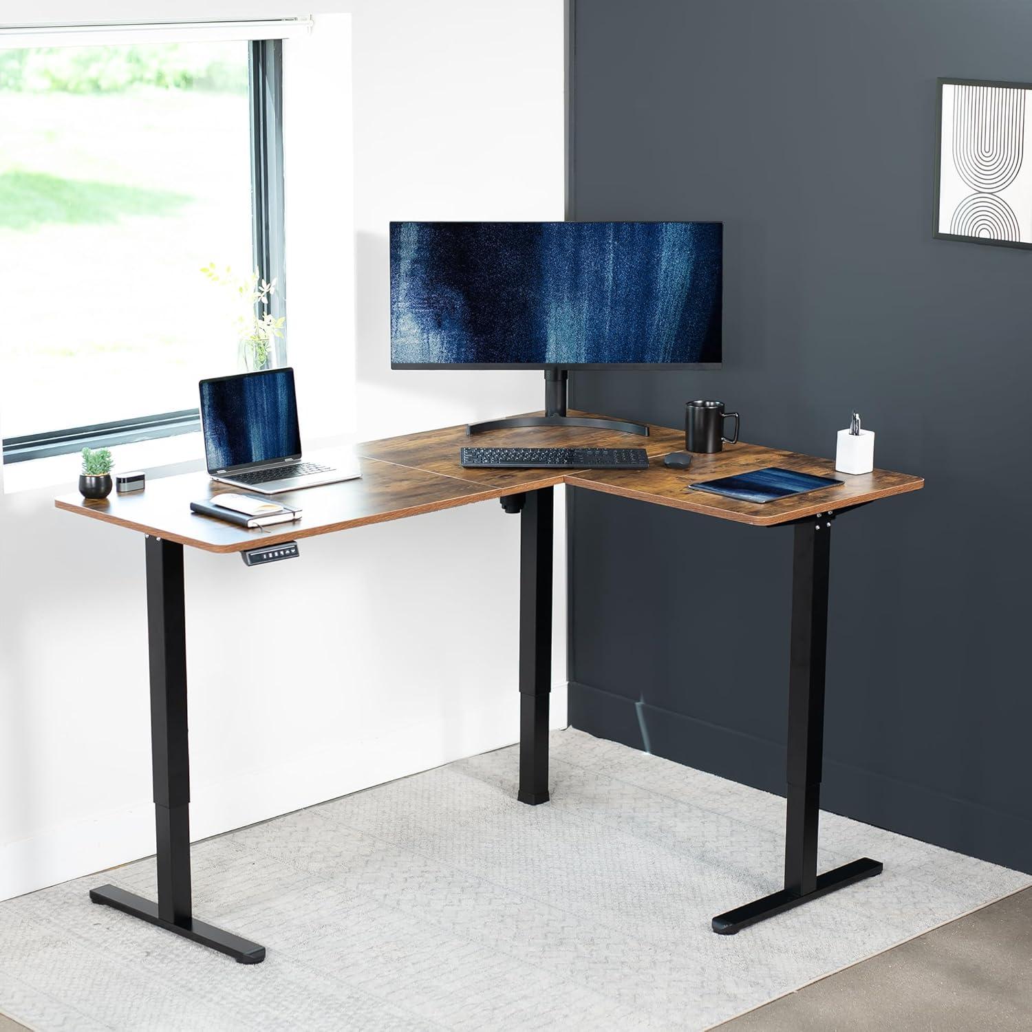 Vintage Brown and Black Adjustable Height L-Shaped Standing Desk